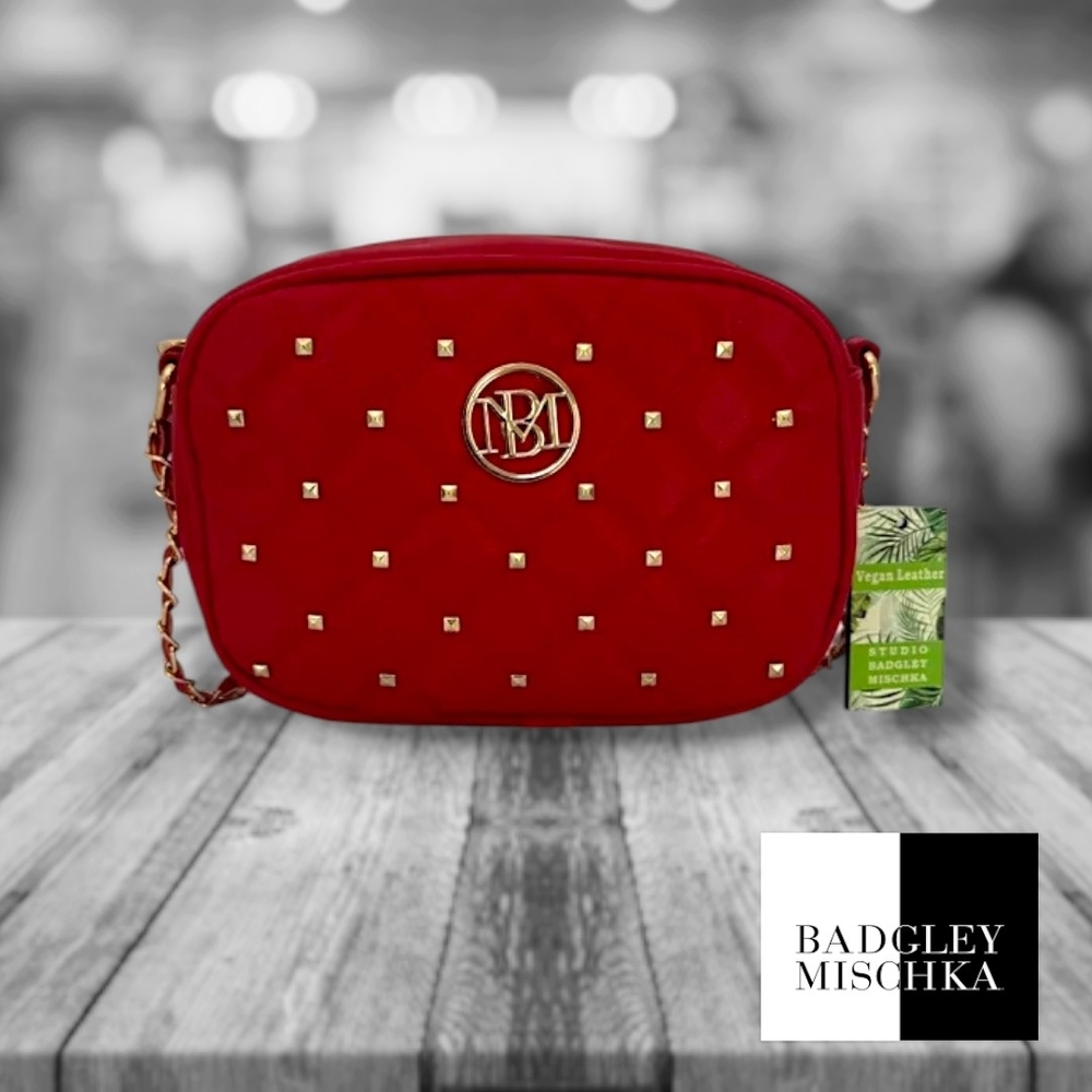 Badgley Mischka Red Diamond Quilted Crossbody Camera Bag w/ Studs